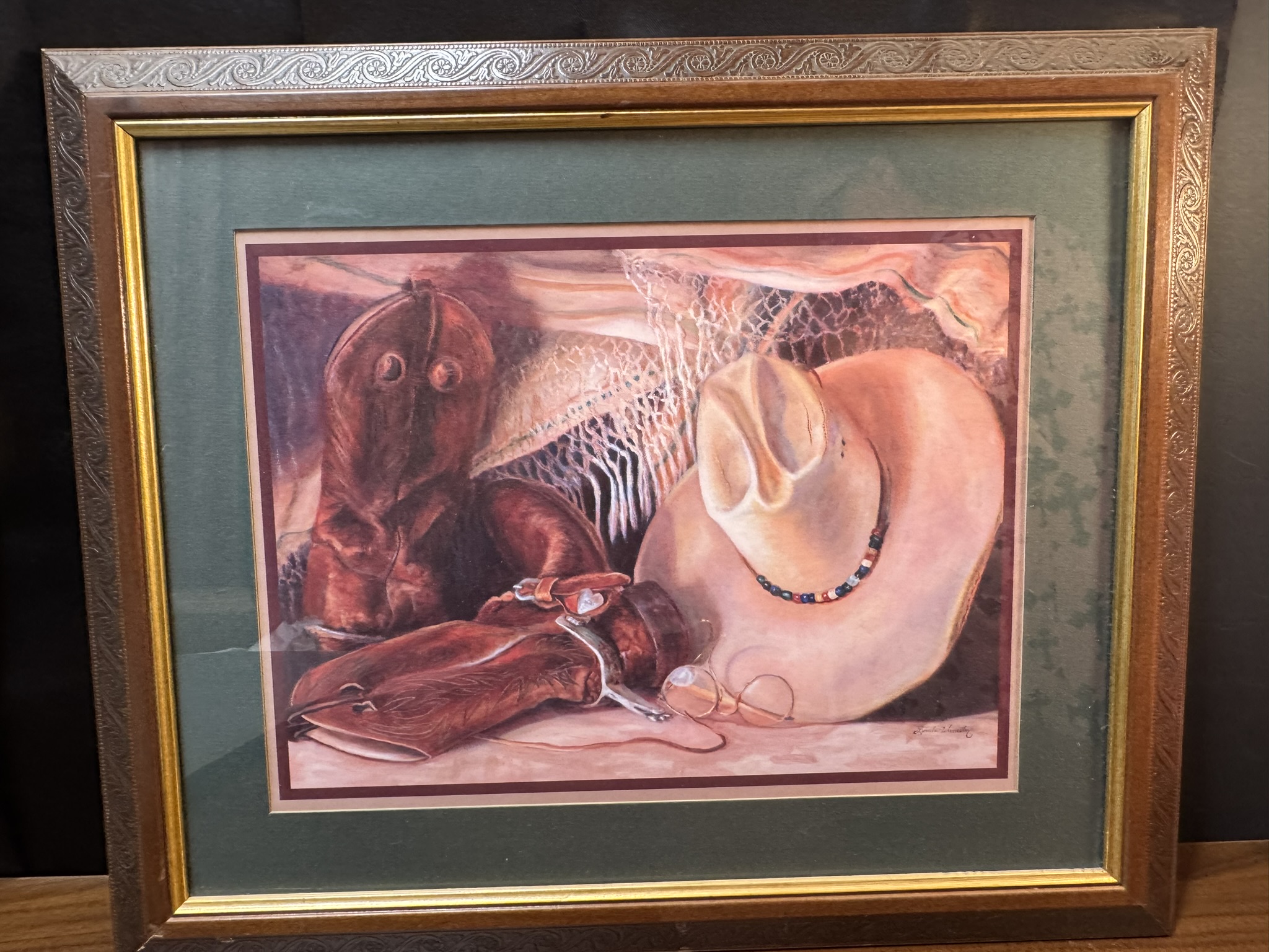 1990's Home Interior Cowboy Boots and Hat Framed Artwork